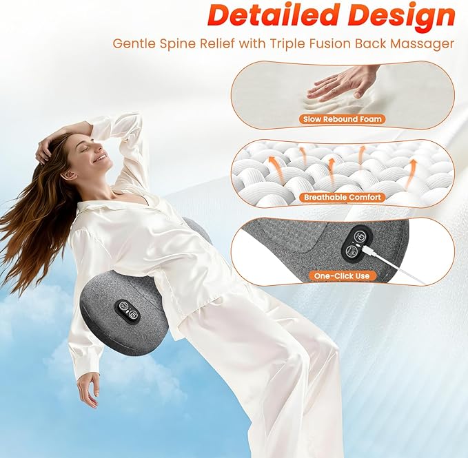 3-in-1 Electric Lumbar Support Pillow - FSA Eligible HSA Eligible, Triple Fusion Back Massager with Heat, Vibration and Tractionage, Lower Back Massager for Pain Relief Deep Tissue, Grey