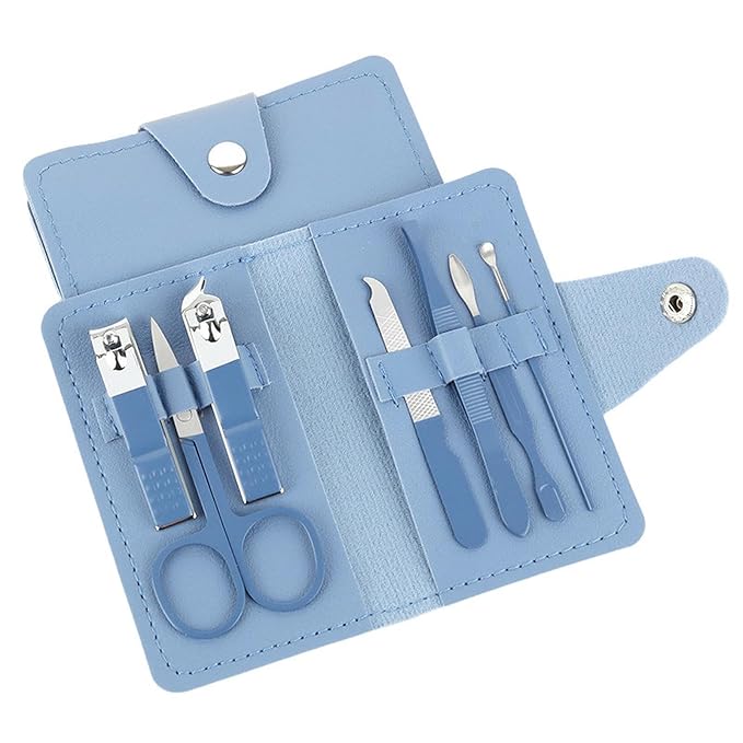 Manicure Set, 7 in 1 Professional Nail Clippers Scissors Pedicure Kit, Stainless Steel Nail Care Tools with Case, Portable Manicure Grooming Kit Christmas Stocking Stuffers Gift for Women (Blue)