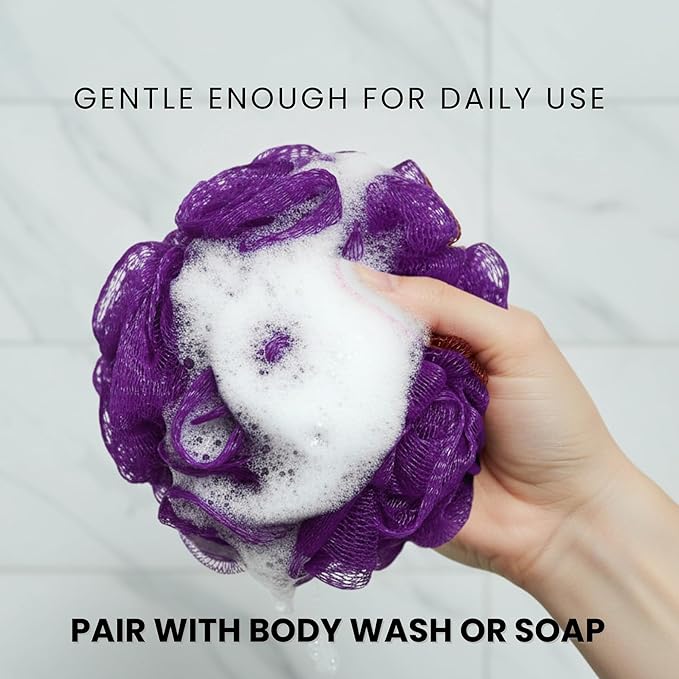 Large Purple Bath Sponge Pack of 3 – Gentle Exfoliation Loofahs with Suction Cup for Easy Drying, Soft 70G Mesh Poufs for All Skin Types, Lather for Daily Use