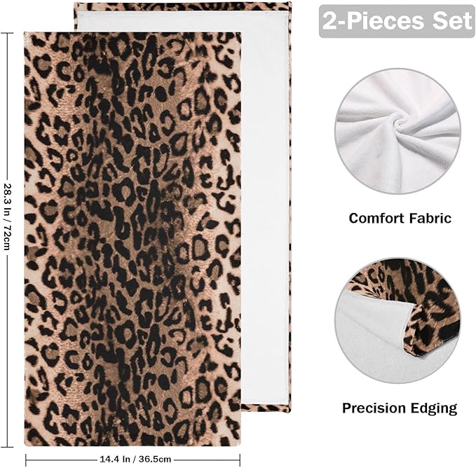 Brown Black Leopard Print Hand Towels for Bathroom Set of 2,Western Wild Animal Cheetah Skin Decorative Bathroom Towels for Bath,Face,Hair,Soft Absorbent Dish Towels for Kitchen Decor 28"x14"