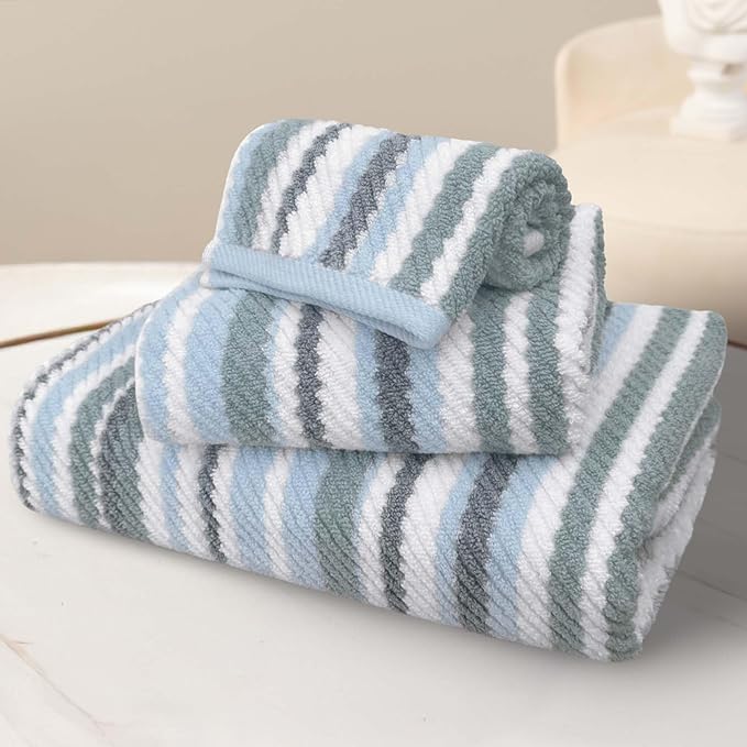 Blue Striped Towels Set of 3, 100% Cotton, Quick Dry, Soft & Absorbent Luxury Bathroom Towel Set ( Hand Towel 16"x27", Washcloth 13"x13",Bath Towel with Hanging Loop 28"x52", ) , Blue & Gray Striped