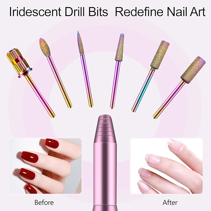 Melodly Electric Nail Drill, Professional Acrylic Nail Drills Machine for Gel, Acrylic Nails, Portable USB Electric Nail File Efile Set with Iridescent Nail Drill Bits, Manicure Pedicure Nail Tools