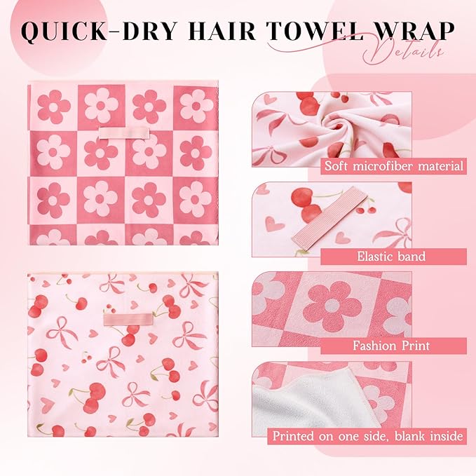 2 Pcs 40 x 24 Inches Large Microfiber Hair Towels Quick Dry Hair Towel Wrap for Women, Suitable for Home, Recreation, Beach, Yoga, Gym, Camping, Etc (Cherry,Flowers)