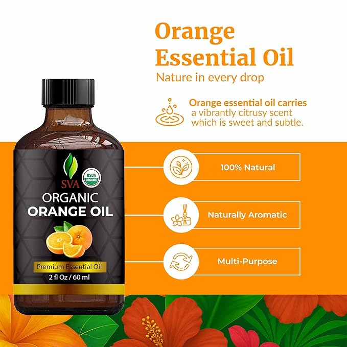 SVA Orange Essential Oil Organic – 2 Fl Oz – 100% Natural Organic Orange Oil - for Diffuser, Hair, Face, Skin Care, Aromatherapy, Scalp and Body Massage, Soap and Candle Making - with Dropper