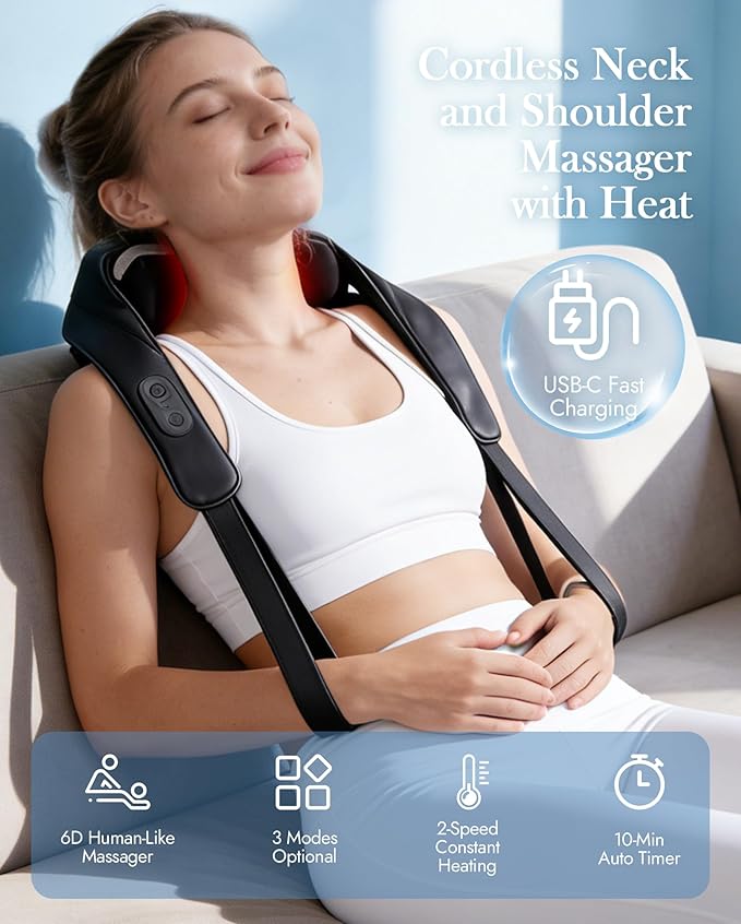 Neck Massager with Heat Cordless: Shiatsu Back Shoulder Massage Tools for Pain Relief Deep Tissue Electric 4D Kneading for Muscle Remedy Lymphatic Drainage Gifts for Men Women Mom Dad (Black)