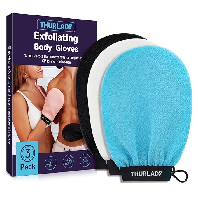 Exfoliating Glove, Korean Exfoliating Mitt Body Scrubber Exfoliator, 3 Pack Viscose Fiber Bath Shower Scrub Gloves, Dead Skin Remover for Body, Smoother Skin and Self-Tan Removal & Prep