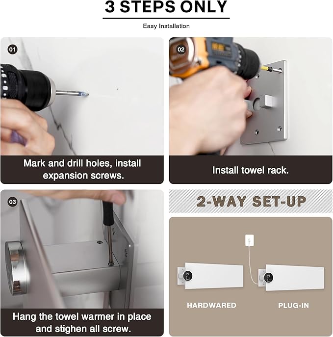 K&KALONZO Electric Towel Warmer, 18.8" W x 4.8" H Wall-Mounted Towel Heater with Built-in Timer, Waterproof Aluminum Towel Warmer for Bathroom, Support Plug-in and Hardwired, White, K1-L-W