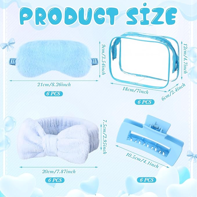 Hoteam 24 Pcs Spa Party Favors Supplies 6 Spa Headband 6 Plush Sleep Eye Mask 6 Hair Claw Clips 6 Clear Cosmetic Bags for Adult Sleepover Slumber Party Graduation Gift(Blue)