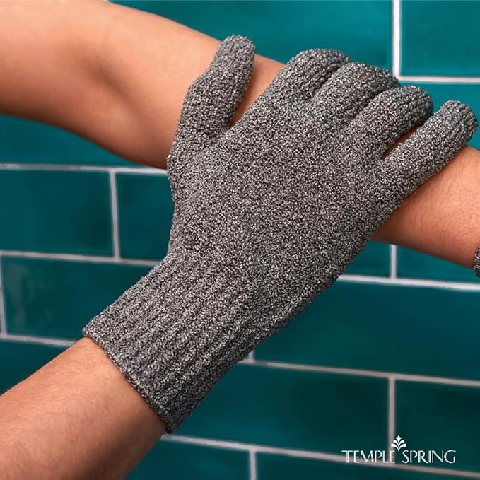Temple Spring Exfoliating Gloves for Men & Larger Hands – Extra Large XL Textured Rayon Bamboo Shower Gloves with Thicker Weave for Deep Cleansing, Dead Skin Removal & Smooth Skin (1 Pair, Gray)