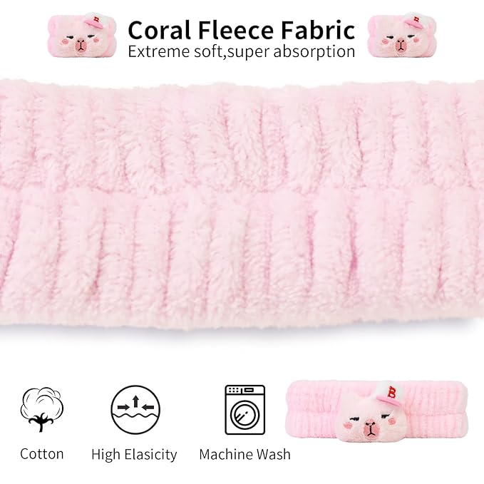 Kawaii Spa Headband and Wristband Set for Women Girls, Cute Halloween Skincare Headbands for Face Washing, Fluffy Makeup Headband for Washing Face Bath Shower and Beauty, Pink Capybara