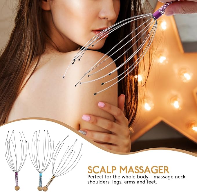 rosenice Scalp Massager Hand Held Therapeutic Head Scratcher Steel Wire Head Massager with Wooden Handle for Home Spa Relief and Relaxation (3 Packs)