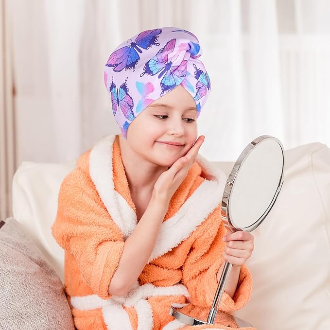 FIOBEE Microfiber Hair Towel Wrap for Kid Rapid Drying Towel Absorbent Hair Turbans for Wet Hair with Button Women Girls Long Curly Hair Pack of 2, Butterfly