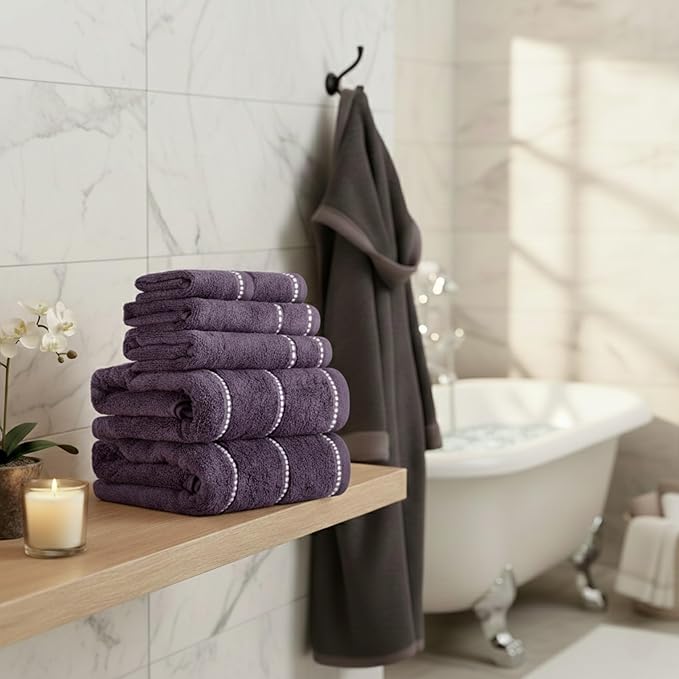 Lavish Home 6 Piece Bathroom Towels Set - 525GSM 100% Cotton Bathroom Essentials - 2 Bath Sheets, 2 Hand Towels, and 2 Wash Cloths for Bath, Shower, Gym, Spa, and Dorm Room (Eggplant)