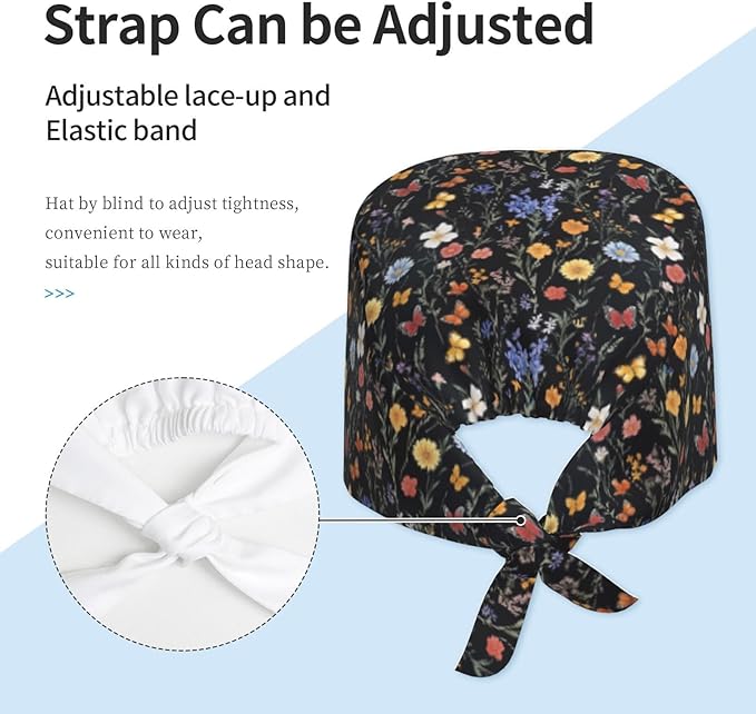 Scrub Cap for Women and Men Boho Black Leaf Pattern Adjustable Breathable Sweatband Hat for Work Kitchen Spa Shower Daily Use