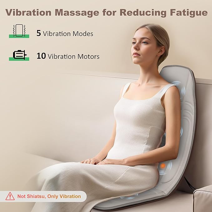 Heycool Vibration Back Massager with Heat, Massage Chair Pad with 10 Vibration Motors & 2 Heating Levels, Chair Massager for Recliner, Sofa, Beige