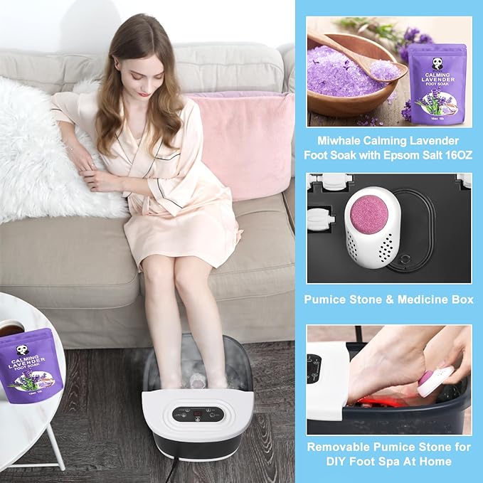 Foot Spa Bath Massager with Heat Bubbles and Vibration Massage and Jets, 16 OZ Calming Lavender Foot Soak Epsom Salt, Miwhale Foot Soaker with Red Light, 22 Massage Rollers, Adjustable Temp - Grey