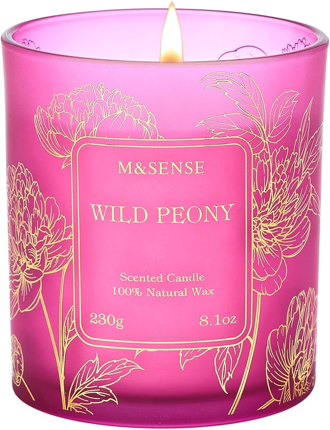 M&SENSE Wild Peony Floral Natural Soy Scented Candle, 7.8oz 42H Non-Toxic Long Burning, Romantic Home Fragrance, Perfect for Moms for Wife & Her
