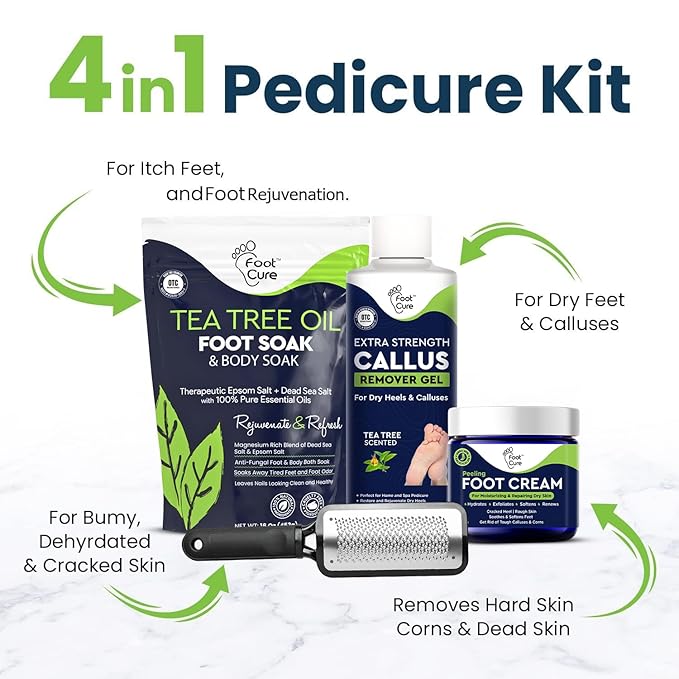 FOOT CURE Exfoliator & Callus Remover Pedicure Set – Care Kit Includes File for Dead Skin, Tea Tree Oil Soak Salts, Urea Cream 40 Percent Removal Gel Made in USA, 4 Piece