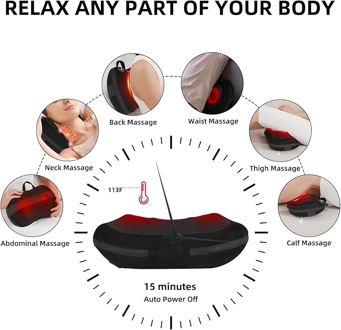 LEERCON Shiatsu Back Massager for Pain Relief Deep Tissue, with Heat Cordless Portable Back and Neck Massager, 3D Kneading Lower Back Electric Massage Pillow for Holiday Gifts for Men Women