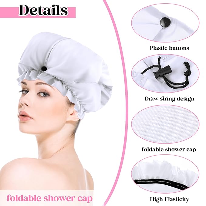 2 Pcs Large Shower Cap for Braids, Extra Long Shower Cap for Women Long Hair & Locs, Waterproof Hair Bonnets for Dreadlocks Drawstring Bath Caps for Women & Men (White, Polka Dots)