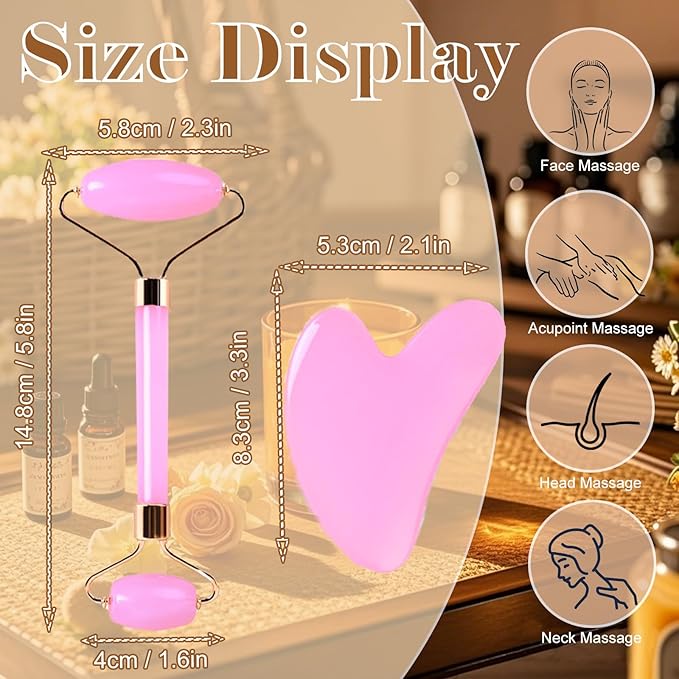 Gua Sha Facial Massage Tool and Roller Set, Facial Massager for Face, Neck, Arms, Eyes, Reduce Puffiness, Improve Wrinkles, Daily Self-Care Gift for Men and Women Emerald Green Pink White