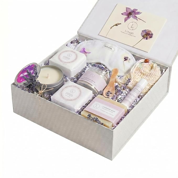 Lizush Luxury Spa Gifts for Women – 7 Piece Lavender Gift Set with Candle, Gift Baskets for Women, Body Care Set for Mom, Birthday Box, Relaxation & Self Care Spa Kit for Wife – Handmade in the USA
