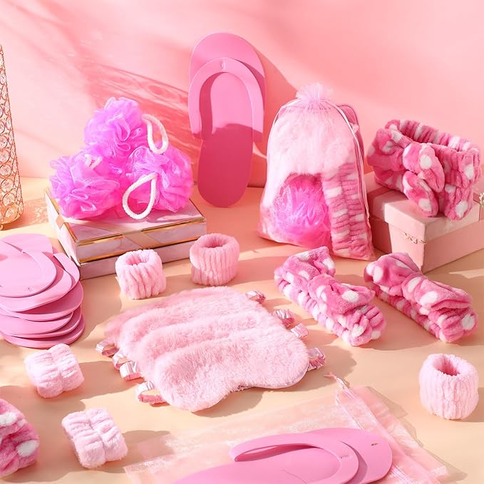 Moucuny 42 Pcs Summer Spa Sleepover Party Supplies Bulk for Women Include 6 Pink Hairbands 6 Eye Masks 12 Wristbands 6 Bath Loofahs 6 Pairs Disposable Slippers 6 Organizer Bags(Bright)