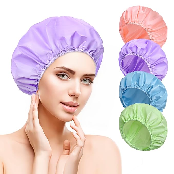 12 PCS Shower Caps for Women, Double Side Waterproof Shower Cap, Reusable Elastic Bath Caps for Shower, EVA Bathing Shower Caps, Bath Hair Caps - Set A (Purple+Pink+Blue+Green)