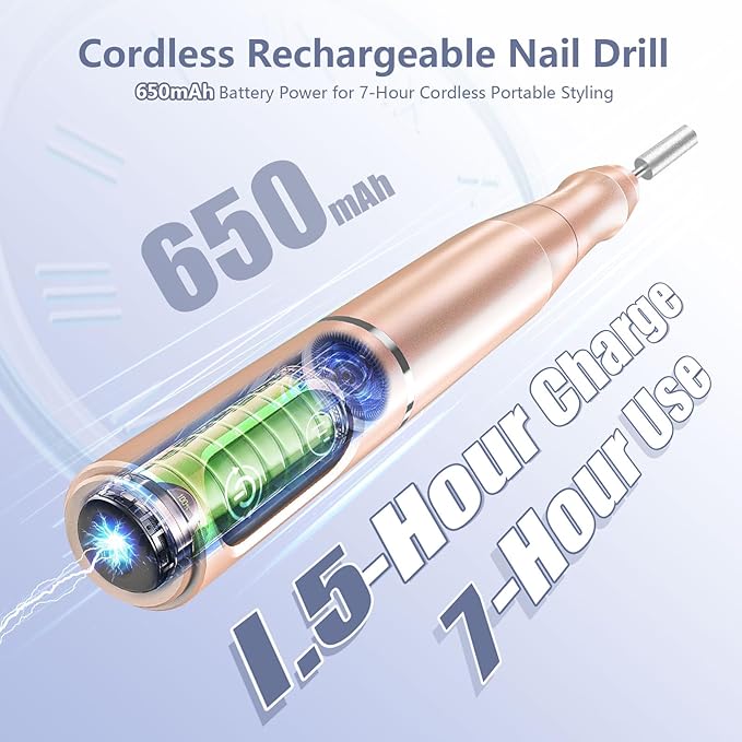 TUOBEO Cordless Nail Drill Electric Rechargeable File Kit, Professional Efile Acrylic Gel Nail Polish Remover Pedicure Manicure Machine Portable Set with 11 Bits 56 Sanding Bands for Salon Home Gold