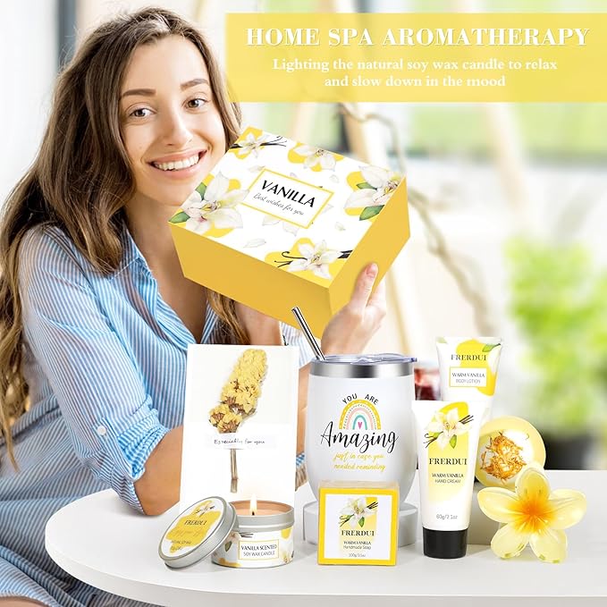 Mothers Day Gifts for Mom, Birthday Gifts for Women, Relaxing Spa Gift Baskets for Women, Warm Vanilla Self Care Bath and Body Gift Set Care Package for Her Wife Mom Female Friends Bestie Sister