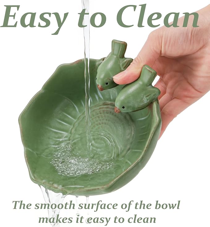 2 Pack Ceramic Bird Bath for Outdoors, 5.5" Ground Birds Bath Bowl for Outside, Heavy Duty Wild Bird Feeders, Feeding Tray Food Holder for Balcony Garden Lawn Patio Decor Tabletop, Green
