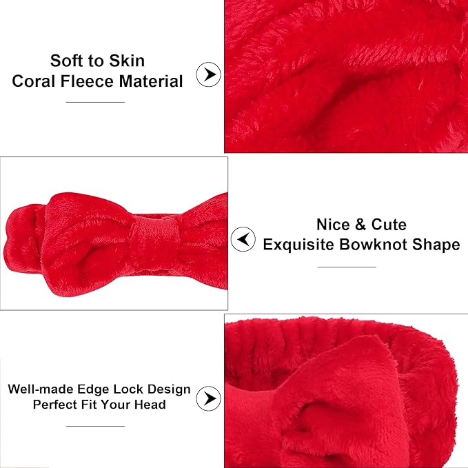 Casoty 12 Pcs Red Spa Headbands, Facewash Headbands, Soft Coral Fleece Makeup Hair band, Bow Hair Band for Face Washing Shower Skin Care Yoga