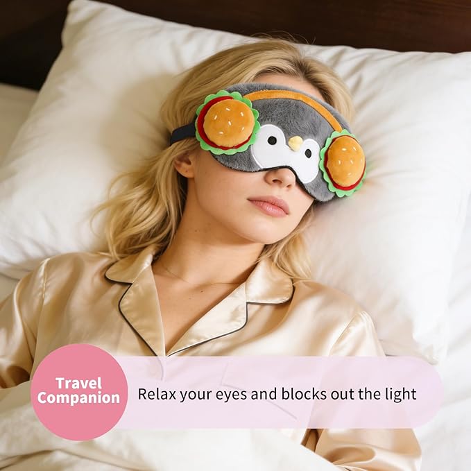 PERFECTSIGHT Sleep Eye Masks, Cute Penguin Plush Sleep Eye Cover Lightweight Adjustable Eyeshade Faux Fur Mask Cover for Women Men Sleep Travel Nap, Burger Headphone