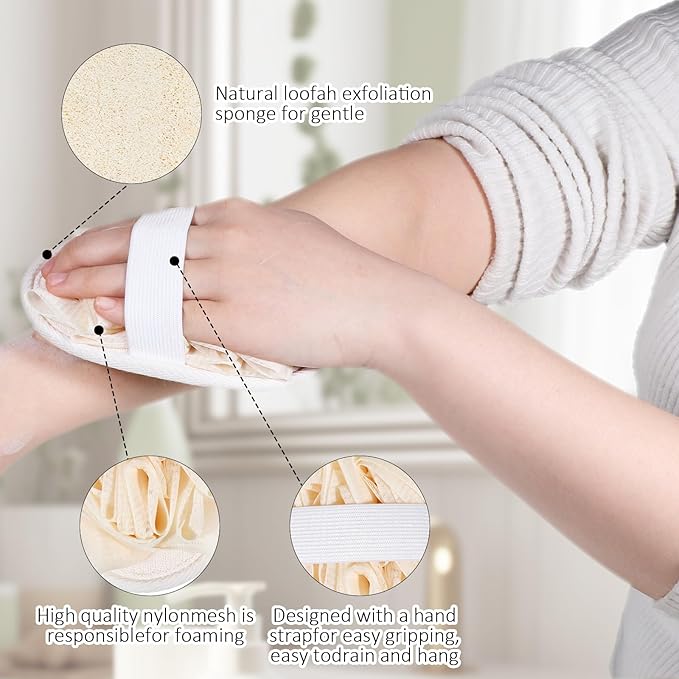 Jeffdad 2Pcs Natural Loofah Sponge, Premium Exfoliating Body Scrubber for Women & Men Ideal Shower Scrubber for Body Perfect for Exfoliation, Cleansing, and Gentle Skin Care(Beige)