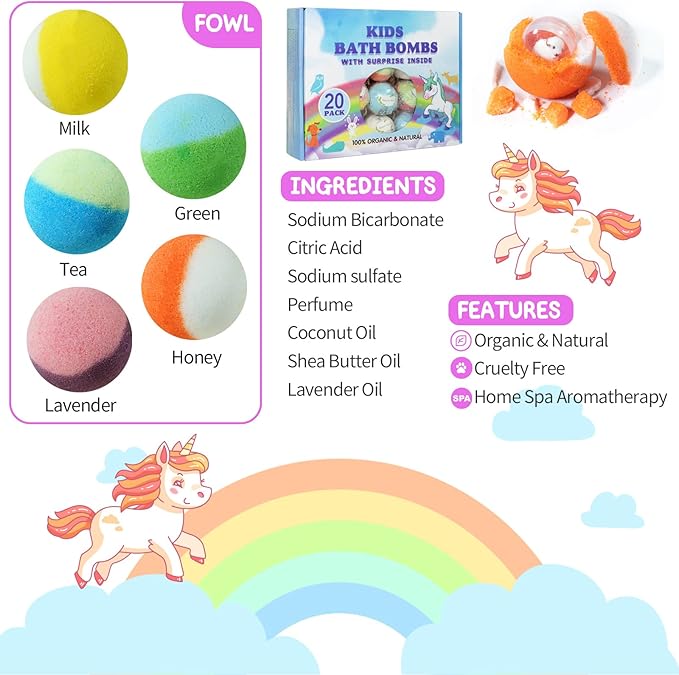 Yekery Bath Bomb Gift Set with Toys Inside, 20 Pack Organic Bath Bombs for Kids, Kids Safe Handmade Fizzy Balls for Kid, Ideal Birthday Gift for Boys & Girls