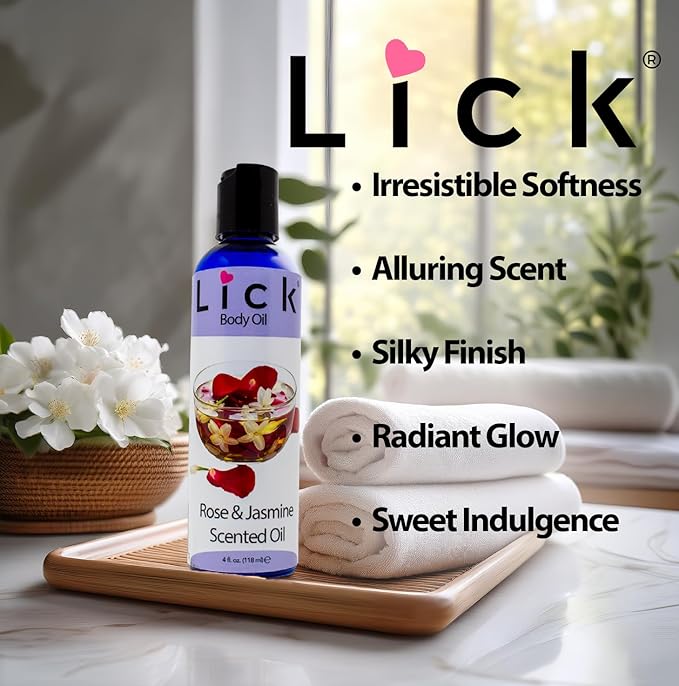 LICK Rose & Jasmine Floral Scented Body Oil – Lightweight Daily Hydration with Almond Oil & Vitamin E – 4 oz