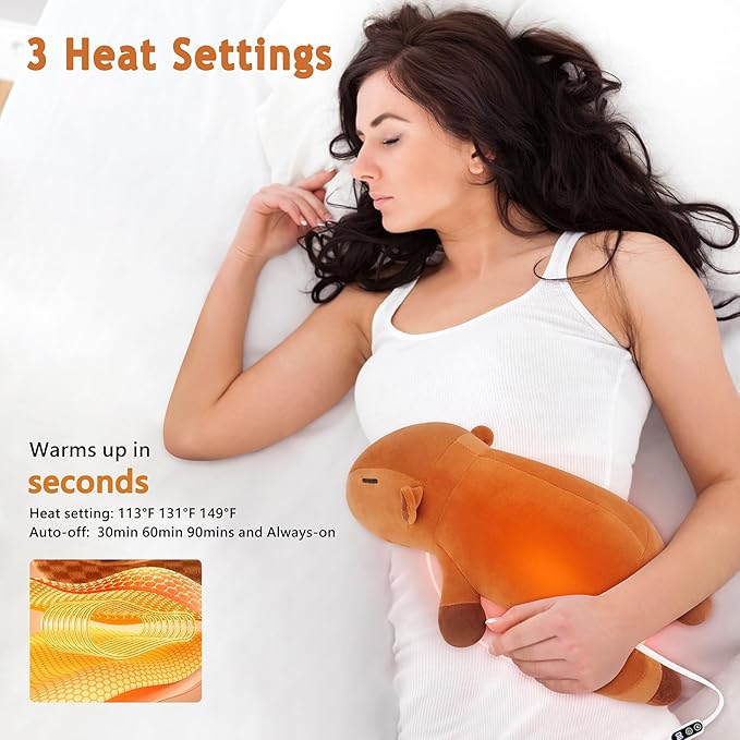 Electric Heating Pad for Cramps & Menstrual Pain Relief,14''Capybara Stuffed Animal Plush Heating Pad,USB Powered Portable Plush Heated Stuffed Animals for Neck/Back/Shoulder,Gift for Women Wife Girls
