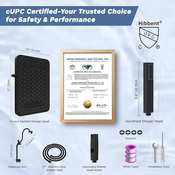 Hibbent Upgraded cUPC Certified 13'' Shower Head Combo, High Pressure 5-spray Rainfall Showerhead, Stainless Steel 4 Spray Handheld, All Metal 4-way Diverter Arm, 71'' Hose and Holder, Black