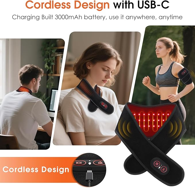 Cordless Neck Massager with Heat, Red Light Therapy for Neck, Neck Heating Pad for Pain, Heated Neck Wrap, 660nm 850nm, FSA Eligible HSA, Heated Neck Massager, 3000mAh Battery, Black