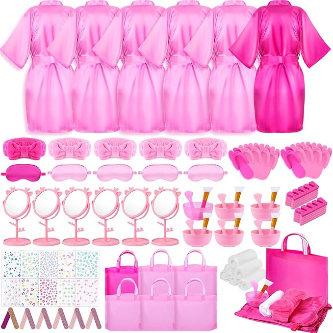 Spa Party Supplies for Girls, 6 Satin Robes Kids Spa Birthday Sleepover Supplies Kit