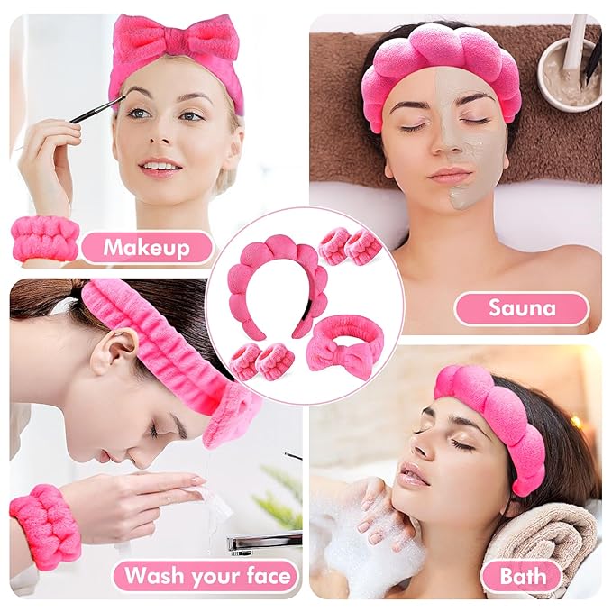 Zkptops 6Pcs Spa Headband for Washing Face Wristbands Set Women Bubble Makeup Sponge Terry Cloth Padded Puffy Skincare Headband Bow Tie Hairband Cute Non Slip Thick Hair Accessory Gifts (Rosy Red)