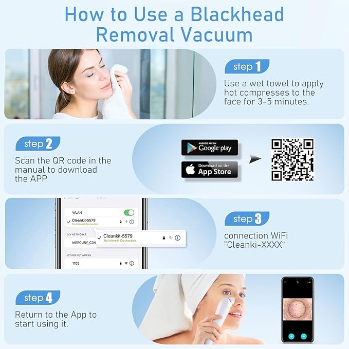 Facial Pore Blackhead Remover Vacuum, 1080P Camera Blackhead Remover, 20x Zoom, 8 LEDs ＆ 3 Suction Modes, 800mAh Battery & USB - 6 Heads Pore Cleaner Kit for Women&Men(White)