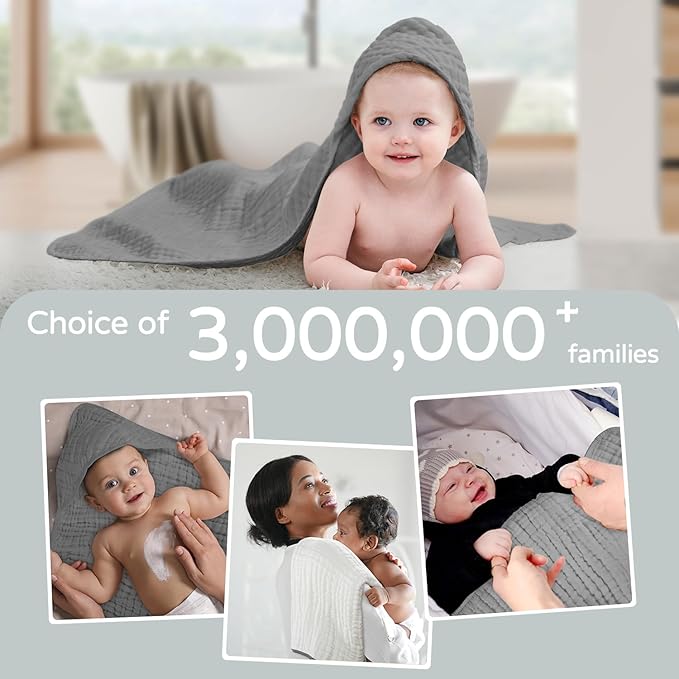 Yoofoss Hooded Baby Towels for Newborn 2 Pack 100% Muslin Organic Cotton Baby Bath Towel with Hood for Babies, Infant, Toddler and Kids, 32x32Inch, Soft and Absorbent Newborn Essential,White&Pure Grey