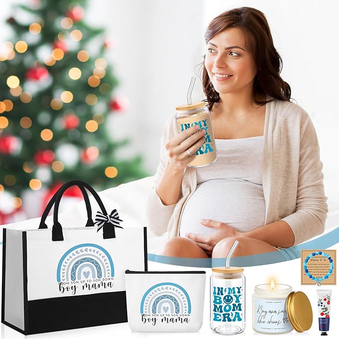 7 Sets Boy Mother Gifts for New Mom Gifts Tote Bag Makeup Bag Candle Bracelet Cup Hand Cream for Mother Day Women After Birth Pregnancy Present First Time Expecting New Mommy Essentials