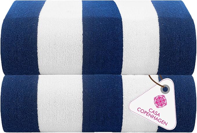 CASA COPENHAGEN Cabana Towels 2Pcs Cobalt Blue Designer Stripe Beach Bathsheet Towels Gift Set, 35"x70" Oversized 100% Cotton Pool Bath Sheet Gift Set (Perfect Summer Gift Set for Women & Men)