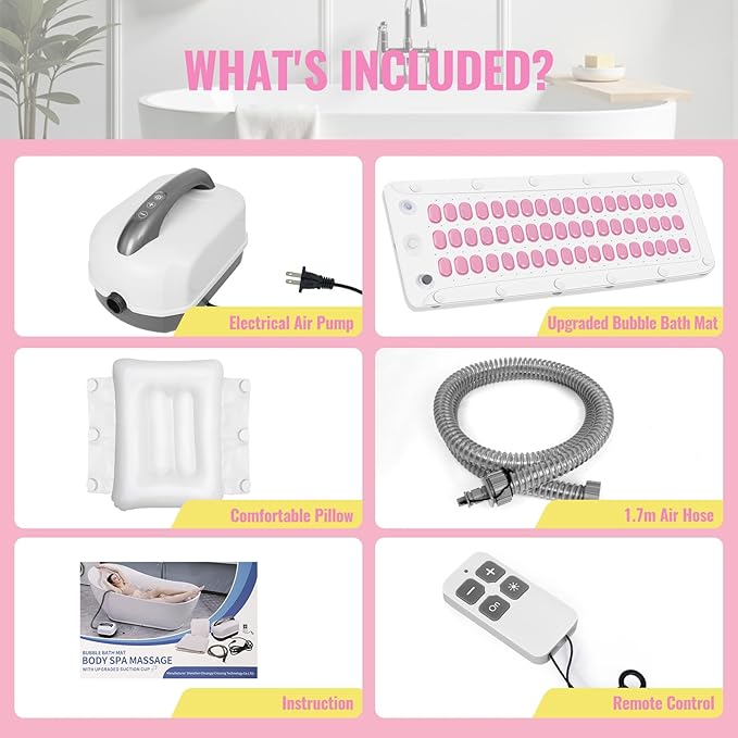 Crossing King Bubble Bath Mat Tub Spa Massager, Portable Spa Bubble Bath Massager with Upgraded Powerful Suction Cup, Electric Air Pump, Pillow and Remote Control for Relaxation 45 * 17in (Pink)