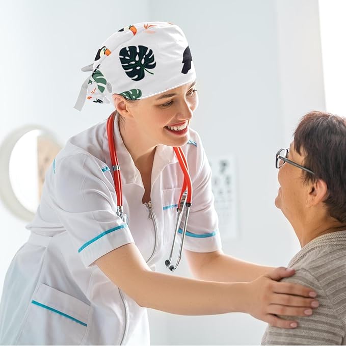 Women Working Cap with Buttons Bouffant Hat Autumn Leaves Nurse Scrub Caps Long Hair