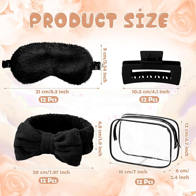 Hoteam 24 Pcs Spa Party Favors Supplies 6 Spa Headband 6 Plush Sleep Eye Mask 6 Hair Claw Clips 6 Clear Cosmetic Bags for Adult Sleepover Slumber Party Graduation Gift(Black)