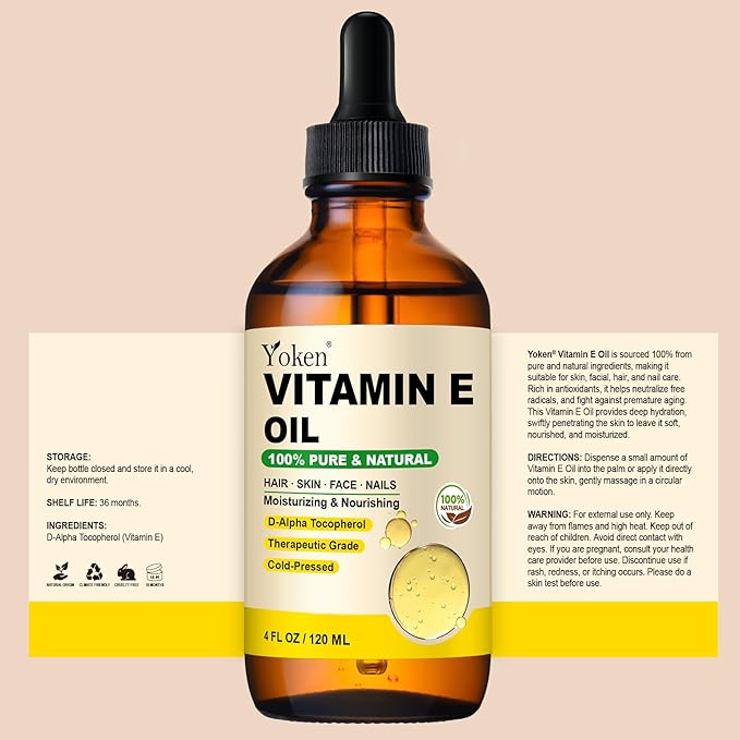 Yoken Vitamin E Oil 4 Oz Vitamin E oil for Skin Vitamine oils for Face Perfect Bath and Body Oil Cold Pressed Hexane Free Formula