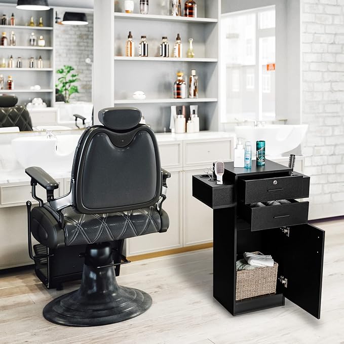 Giantex Salon Storage Cabinet, Locking Hair Styling Storage Organizer with 2 Drawers, 6 Hair Dryer Holders, Wooden Beauty Salon Spa Barber Station Hairdressing Equipment, Black (1)